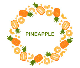 Pineapple fruit circle frame. Tropical fruits. Collection of organic vitamins and healthy nutrition. Flat Vector illustration on white background
