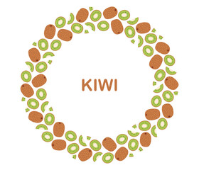 Kiwi circle frame. Round seasonal tropical fruit border. Collection of organic vitamins and healthy nutrition. Flat Vector illustration on white background