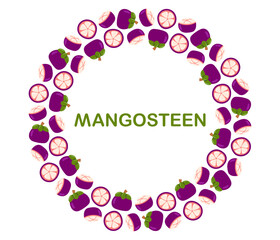 Mangosteen circle frame. Round seasonal exotic fruit border. Collection of organic vitamins and healthy nutrition. Flat Vector illustration on white background