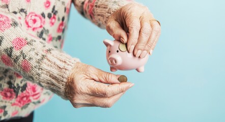 A piggy bank on a blue background with copy space is the focal point of a business banner, where an elderly woman's wrinkled hand is shown putting in a euro coin, illustrating the concept of savings