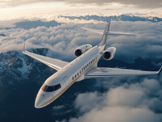A large white jet is flying through the sky with clouds below