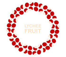 Lychee fruit circle frame. Round seasonal exotic fruit border. Collection of organic vitamins and healthy nutrition. Flat Vector illustration on white background