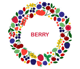 Berries circle frame. Cherry, black currant, raspberry, gooseberry, blueberry, blackberry, strawberry, barberry, sea buckthorn. Round fresh summer juicy berry border. Flat Vector illustration