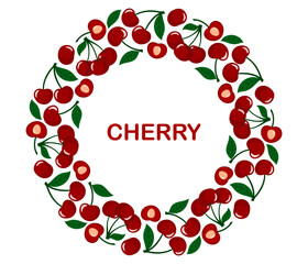 Cherry berry circle frame. Juicy ripe cherries with leaves. Round fresh summer berry border. Flat Vector illustration on white background
