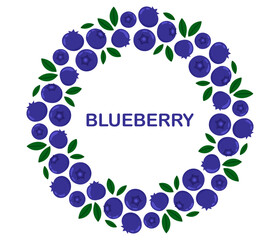 Blueberry circle frame. Round fresh summer juicy berry border. Flat Vector illustration on white background
