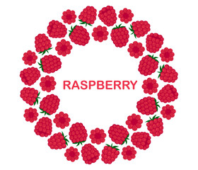 Raspberry circle frame. Round fresh summer juicy berry border. Flat Vector illustration on white background