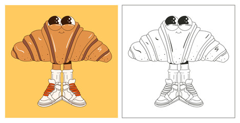 Coloring page of a croissant character with eyes and legs in groovy style. Crispy breakfast. National Dessert Day. Pastries, sweets, dessert. Linear croissant for drawing