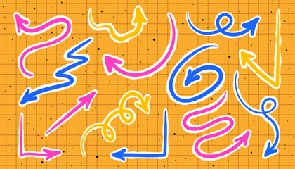 Vector arrows in bright colors on torn paper in comic book style. Set of arrows in different directions on a yellow background. Hand drawn trendy doodles arrow