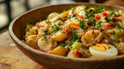 ゆで卵と香草を添えた温かみあるポテトサラダ
