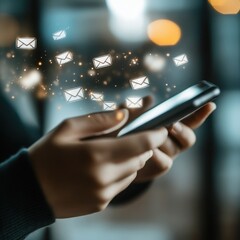 Person using smartphone receiving multiple email notifications digital communication technology