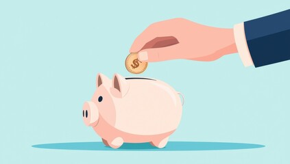 Image of a coin being placed into a piggy bank suitable for financial planning savings methods and educational economics visuals