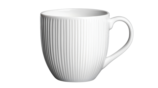Simple Elegance: A minimalist, ribbed ceramic mug against a backdrop, embodying modern design with a subtle interplay of light and shadow