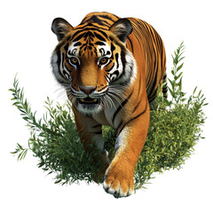 Fierce Tiger Stalking Through Lush Greenery on white background