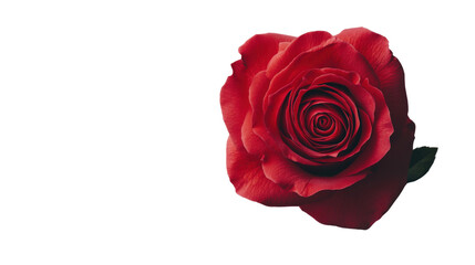Naklejka premium Crimson Blossom: A single, vibrant red rose in full bloom, its delicate petals arranged in a spiral, conveys passion and beauty, with its captivating charm.