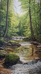 Obraz premium Serene Forest Stream A Tranquil Watercolor Painting of a Cascading Creek.