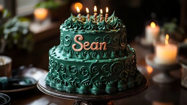 A green birthday cake with the name Sean written on it