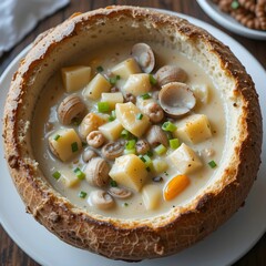 Clam Chowder - A creamy, white soup with chunks of clam, potato, and celery, served in a crusty bread bowl.
