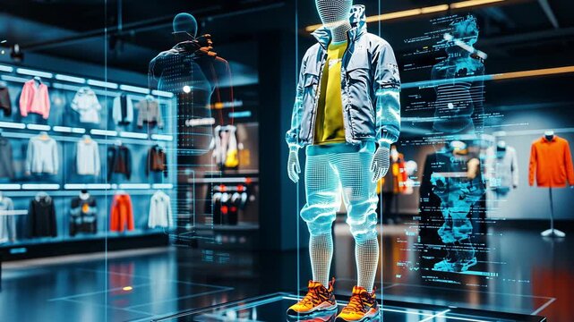 A unique showcase of a high tech outfit with holographic features in a contemporary clothing store highlighting modern fashion technology