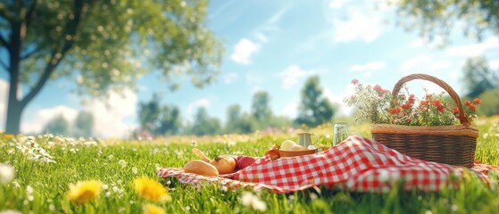 Sunny day picnic setup on a lush green meadow with a basket.