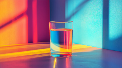 vibrant glass of water reflects colorful light against backdrop of vivid hues, creating artistic play of shadows and colors that evokes sense of tranquility and creativity