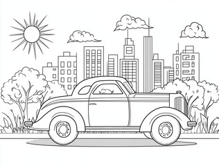 Vintage Car Line Art Illustration in City Setting