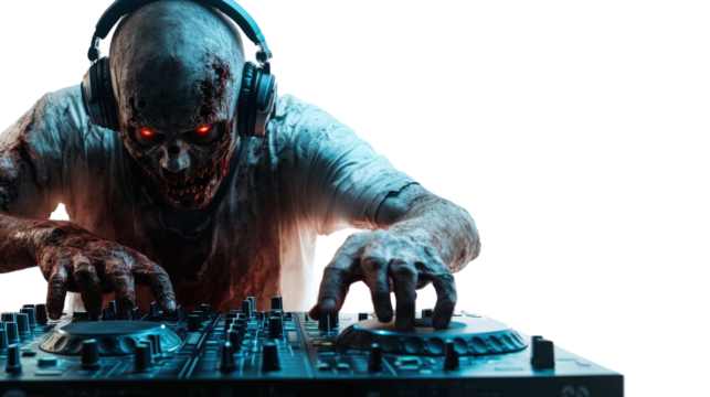 Zombie DJ: A chilling and unique conceptual image presents a zombie DJ, manipulating the music console with an eerie intensity, headphones covering the ears.