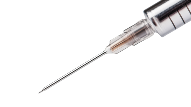Needle's Edge: A close-up shot of a syringe, showcasing its sharp needle, poised with medical precision. The transparency of the syringe's cylinder reveals the liquid inside, ready for administration.