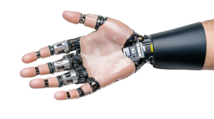Innovation Meets Humanity: A cutting-edge bionic hand, a marvel of engineering, extends forward, a seamless blend of flesh and technology, highlighting advancements in medical technology.