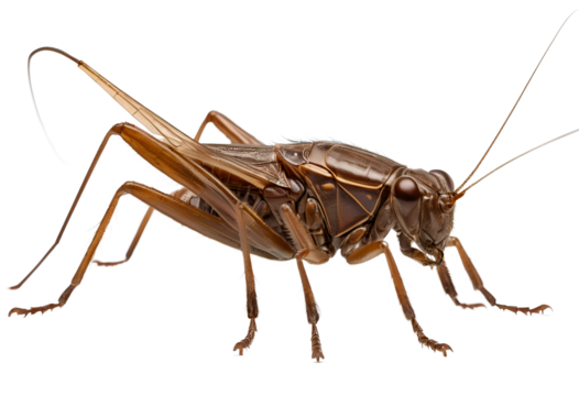 A brown cricket with long antennae and powerful hind legs, captured in a side view. The image focuses on the texture of its body and the fine details of its wings, isolated on a transparent background
