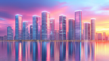 Fototapeta premium Futuristic skyline with modern buildings reflecting in water at sunset, showcasing vibrant colors and architectural beauty. scene evokes sense of wonder and innovation