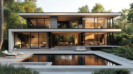 Modern two-story house with large windows and pool surrounded by greenery