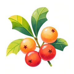 Vibrant illustration of colorful berries and green leaves on a branch.