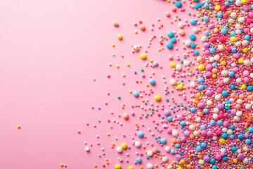 Colorful candy sprinkles scattered on a soft pink background.