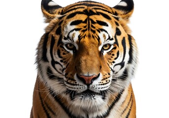 Fototapeta premium Close-up of a Majestic Tiger Face Against White Background. Generative Ai