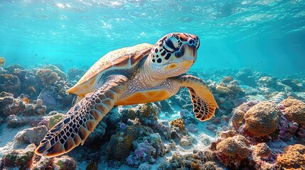 Fototapeta premium Majestic sea turtle swimming gracefully above vibrant coral reef in clear water