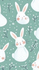 Whimsical winter wonderland with adorable white bunnies nestled among delicate snowflakes and minimalist branch silhouettes on a soft sage green background