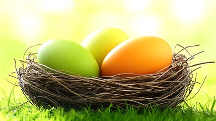 Obraz premium Three colorful eggs are nestled in a woven natural nest