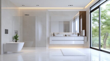 Modern, bright bathroom with sleek design, featuring a spacious shower area, double vanity, and views of a garden