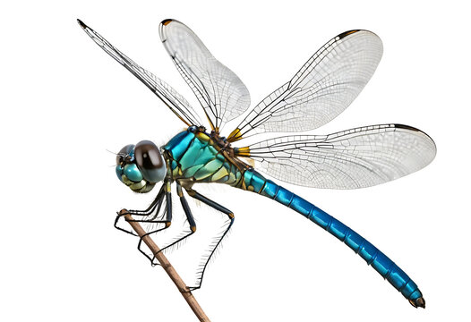 A bright blue dragonfly with transparent wings and large, multifaceted eyes. The insect is shown in mid-flight, isolated on a transparent background (PNG), creating a striking visual. - Powered by Adobe