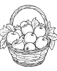 Wicker Basket Filled with Apples and Leaves Black and White Illustration