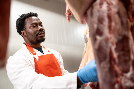 Man butcher working in food factory, moving raw meat for processing.