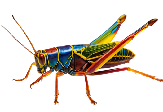 A rainbow grasshopper with vibrant colors of yellow, blue, and red on its body. The image highlights its striking appearance, isolated on a transparent background (PNG).