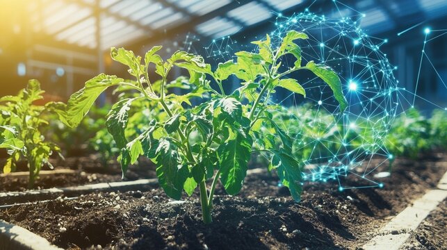 Hyper-realistic futuristic agriculture relies on AI data analysis icons to enhance efficiency and promote sustainable, eco-friendly harvesting practices