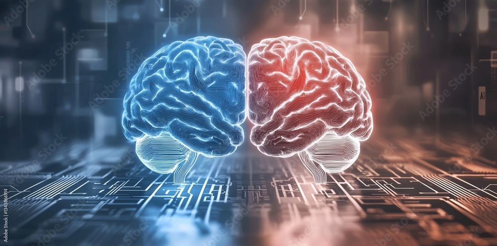 Poster in a quantum computing system, the integration of a neural circuit and electronic cyber brain symbol