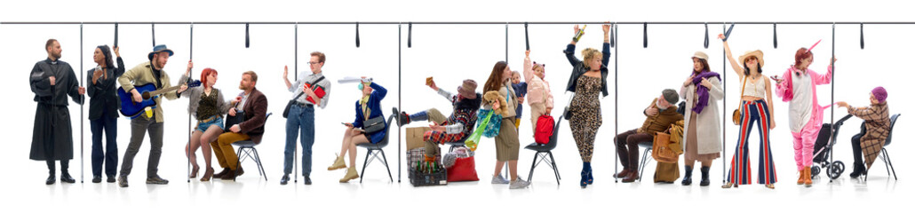 Collage. People in diverse clothing, from extravagant to casual, coexisting in tight public...