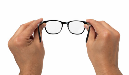 Man holding eyeglasses, first person pov shot, isolated white background