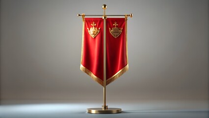  Medieval Red Banner on Ornate Flagpole | Heraldic Royal Standard with Gold Trim
