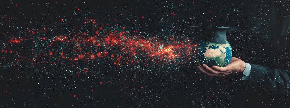 A businessman is depicted holding a global business globe interconnected with various e-learning platforms, educational resources, and digital learning initiatives