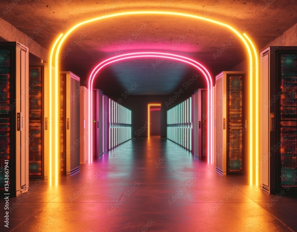 Poster the concept of the internet of things is visualized through server racks in a modern data center, se