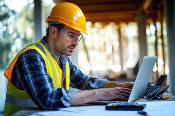 Construction Engineer Working on Laptop at Construction Site with Blueprints and Tools in Natural Daylight